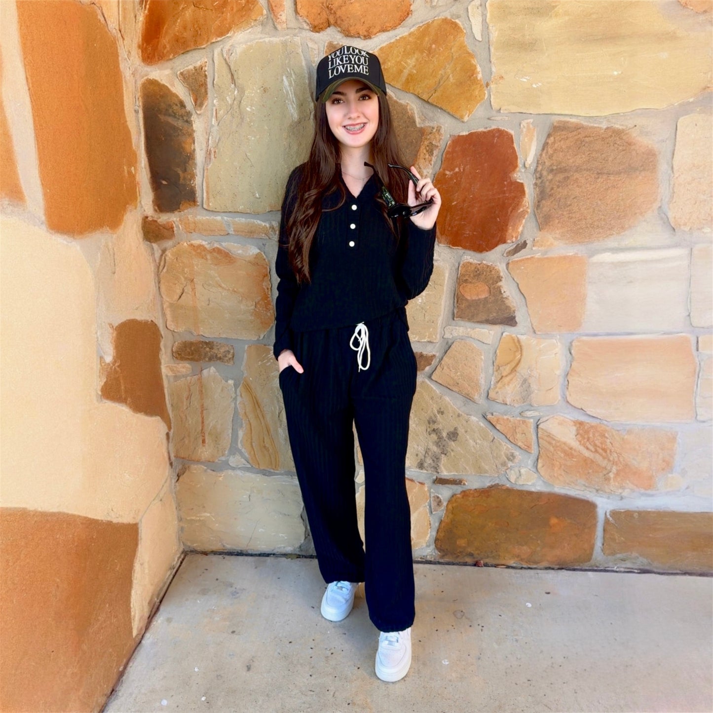 Black Long Sleeve Top with Wide Leg Pants