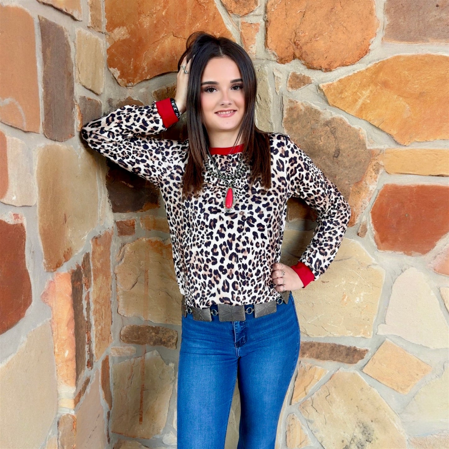 Red Trim Leopard Long Sleeve Top
