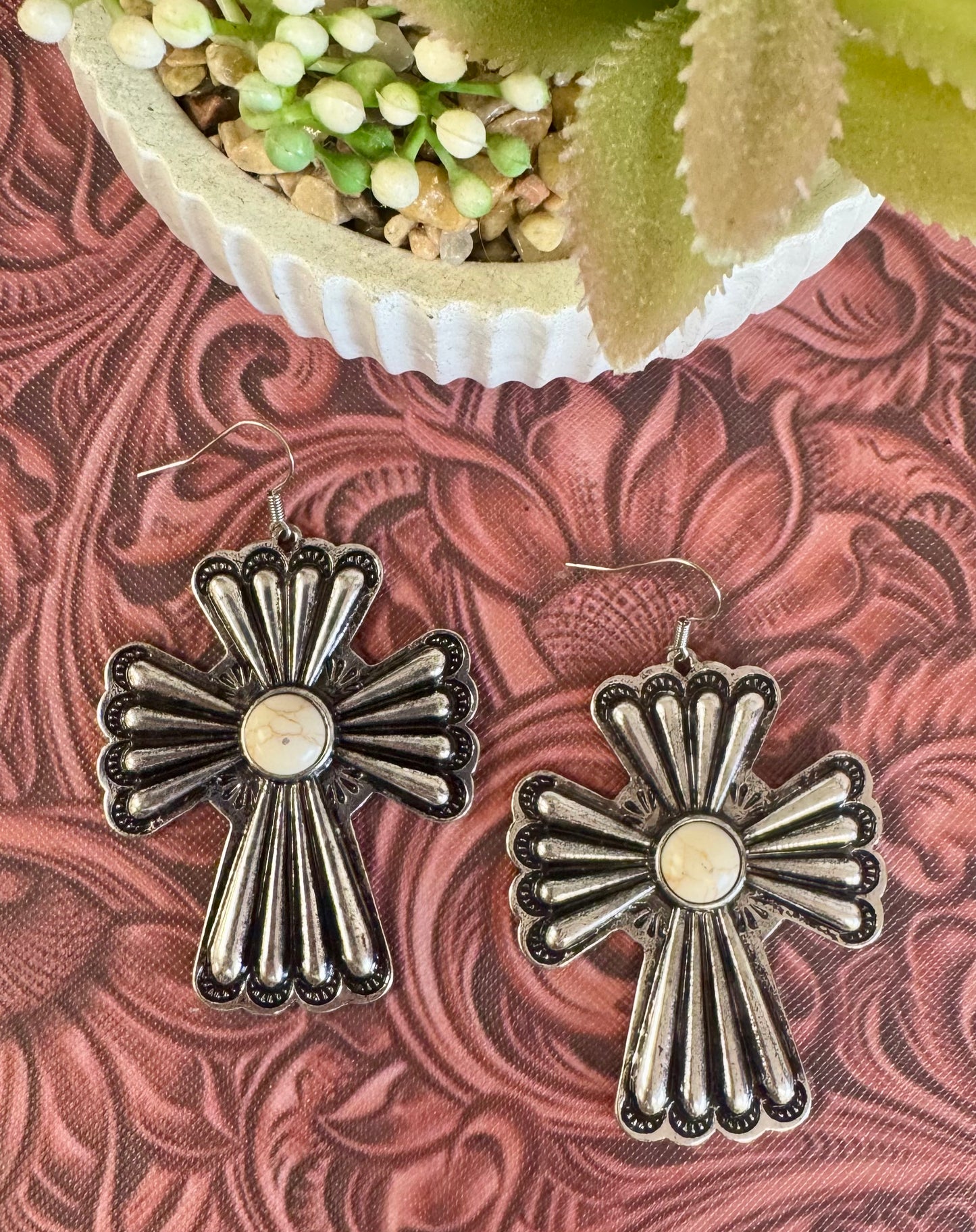 Ivory Silver Cross Earrings