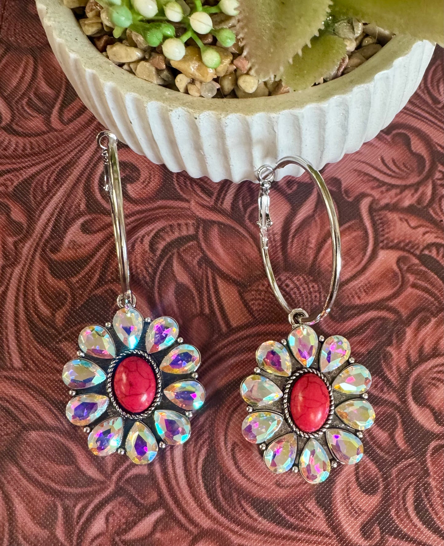 Red Rhinestone Hoop Earrings