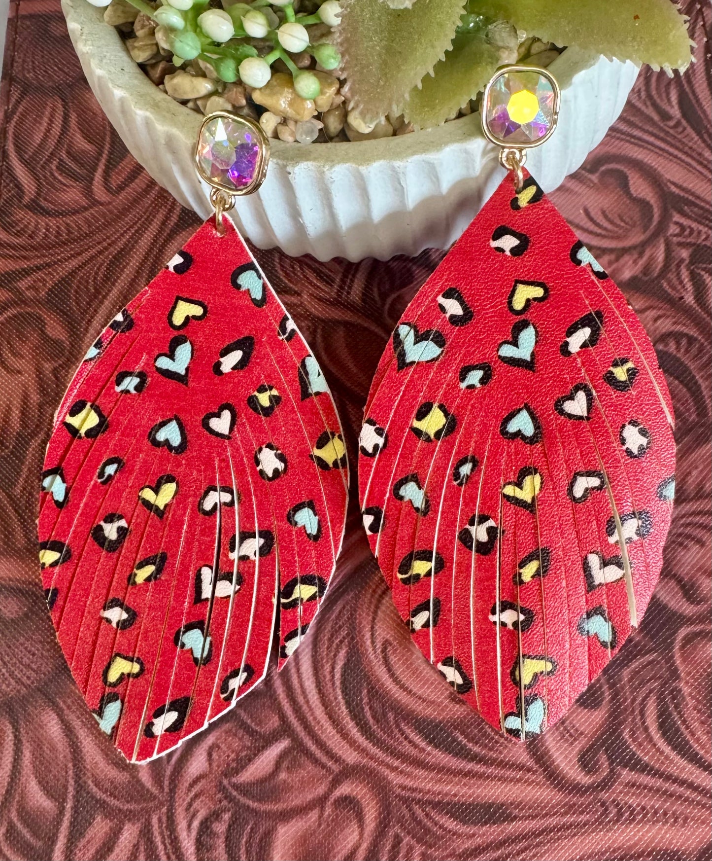 Red Heart Leopard Feather Earrings