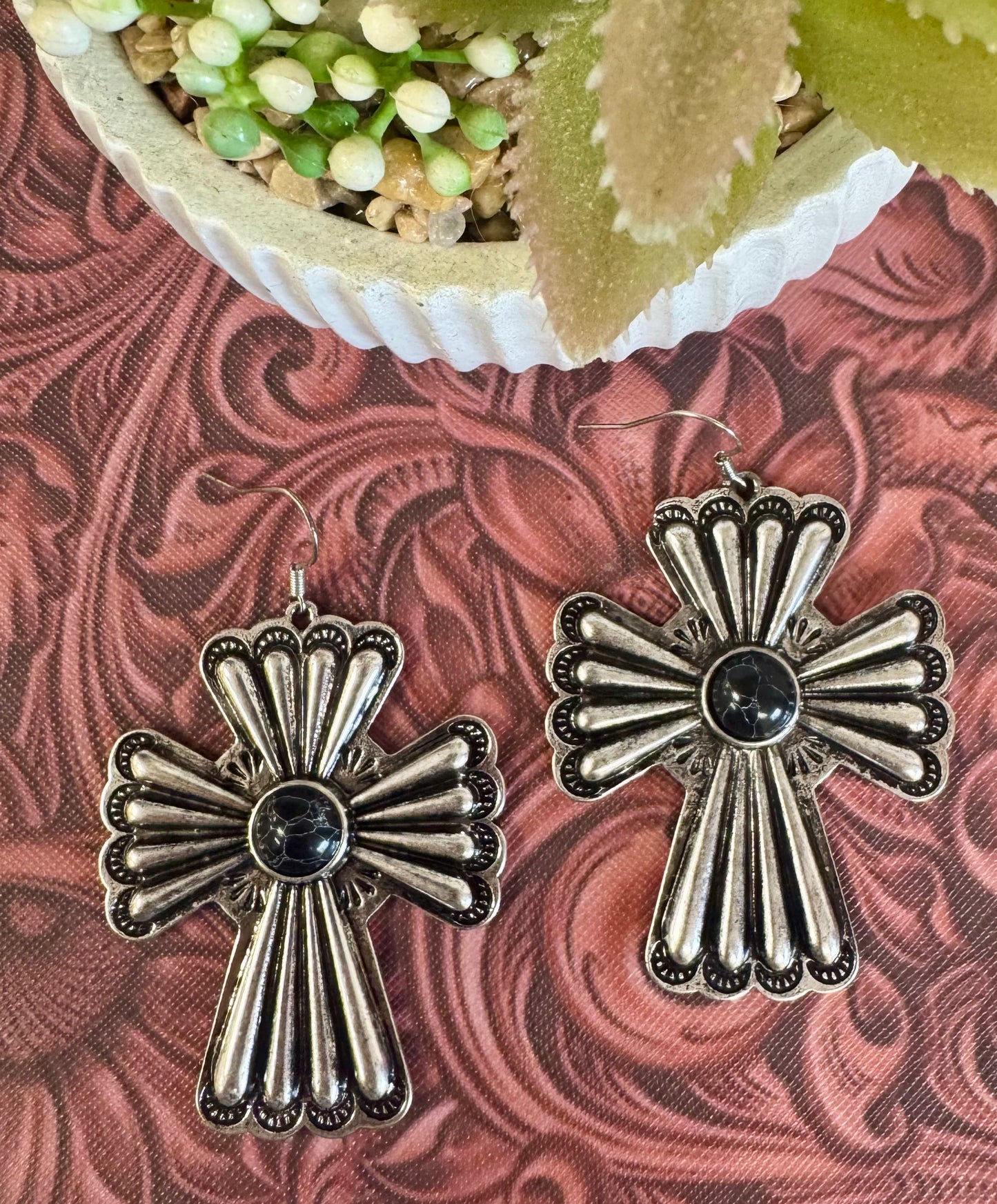 Black Silver Cross Earrings