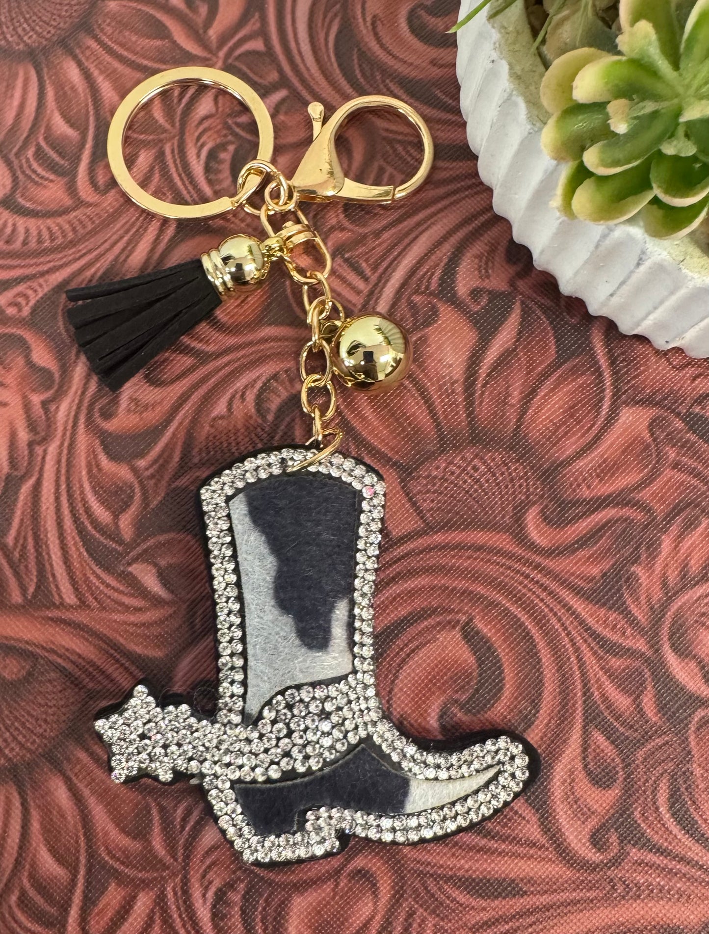 Rhinestone Cowhide Boot Keychain