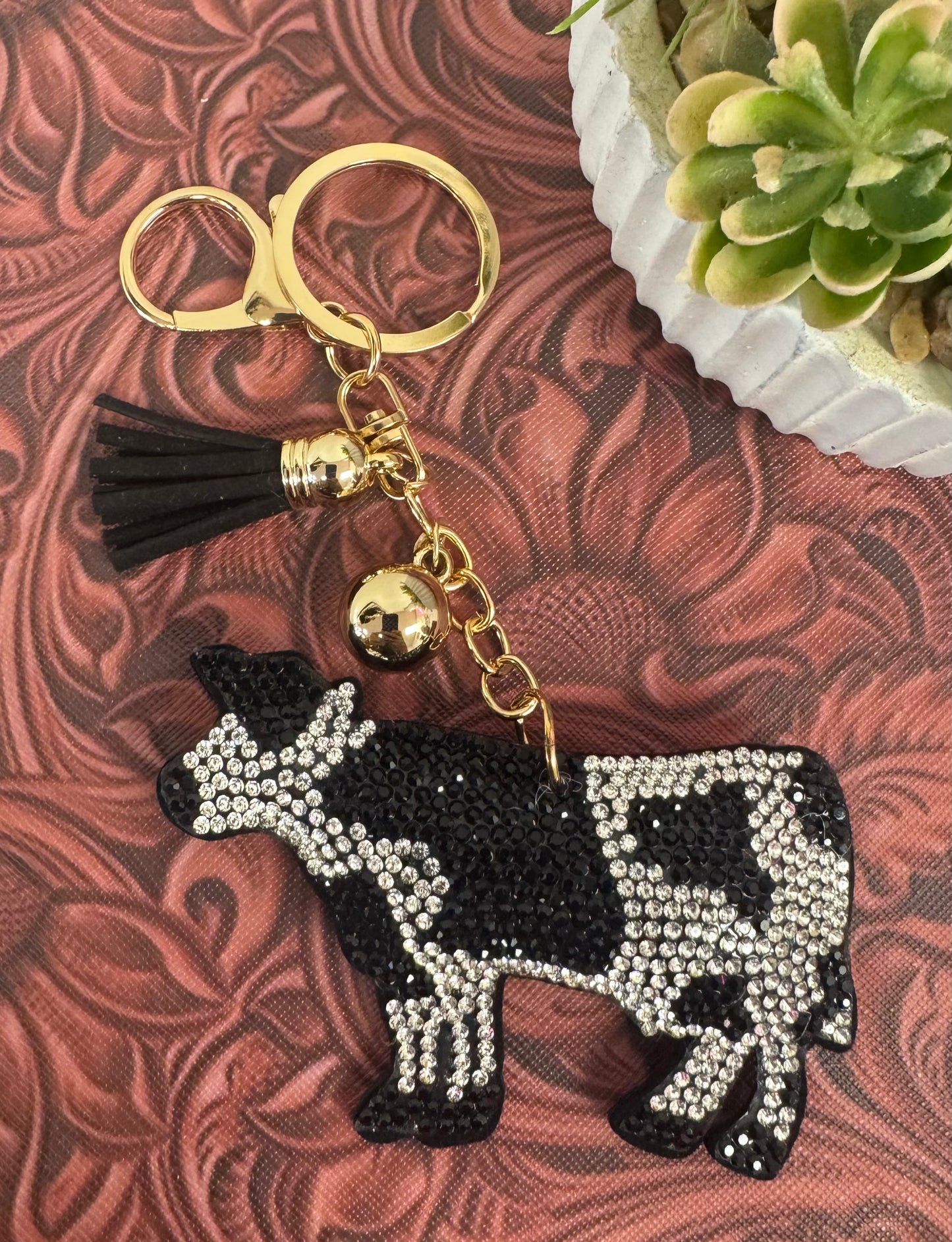Rhinestone Cow Keychain