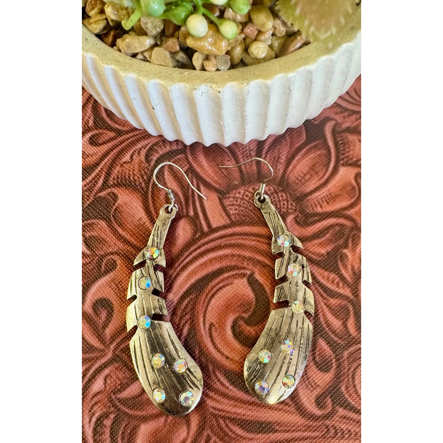 Silver Feather Rhinestone Earrings