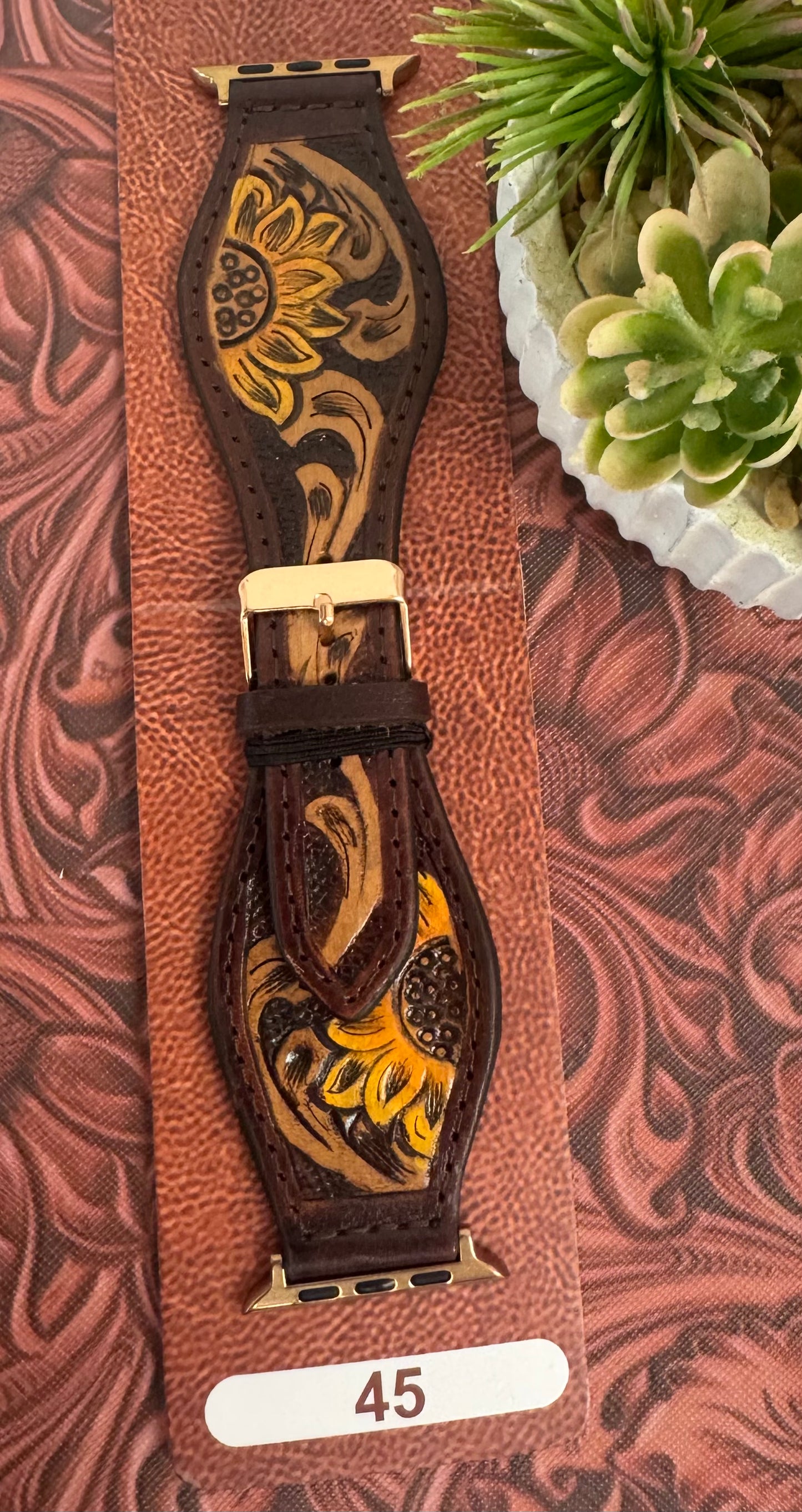 Sunflower Tooled Leather Watchband 45mm