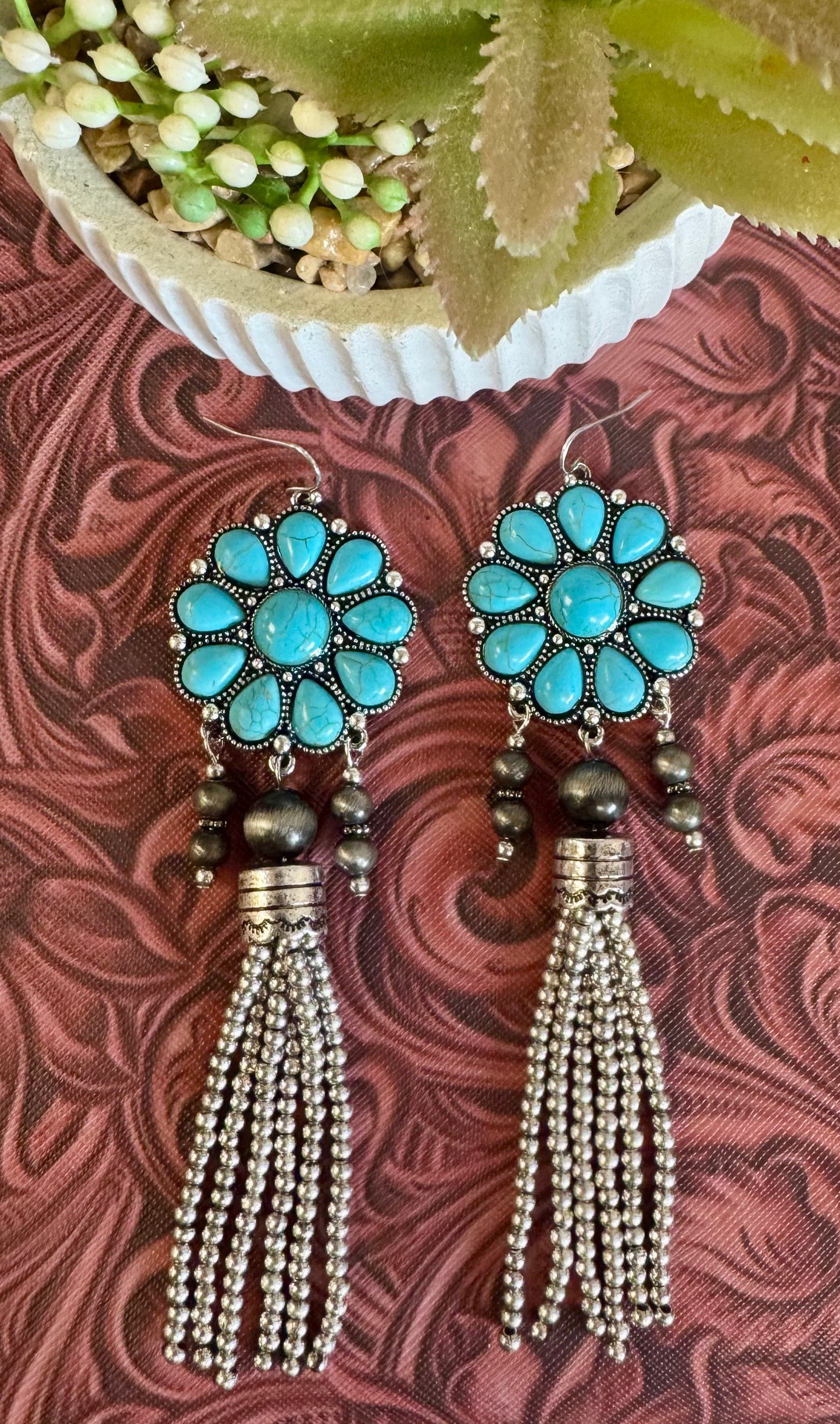 Turquoise Beaded Tassel Earrings