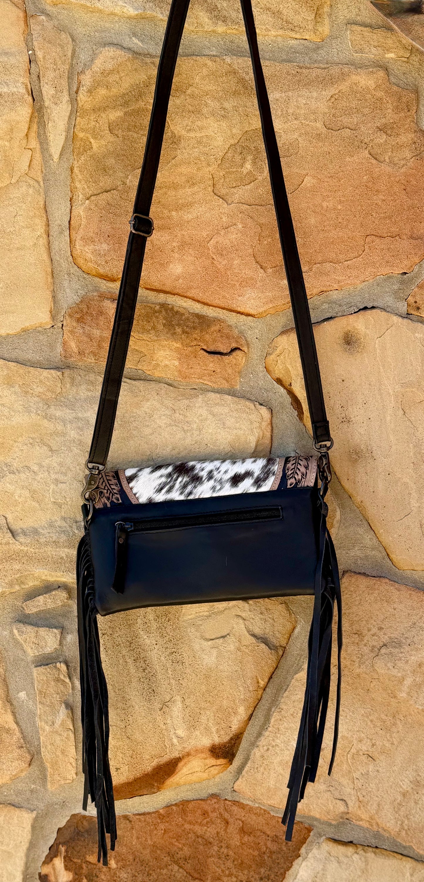 Black Leather Cowhide Fringe Crossbody