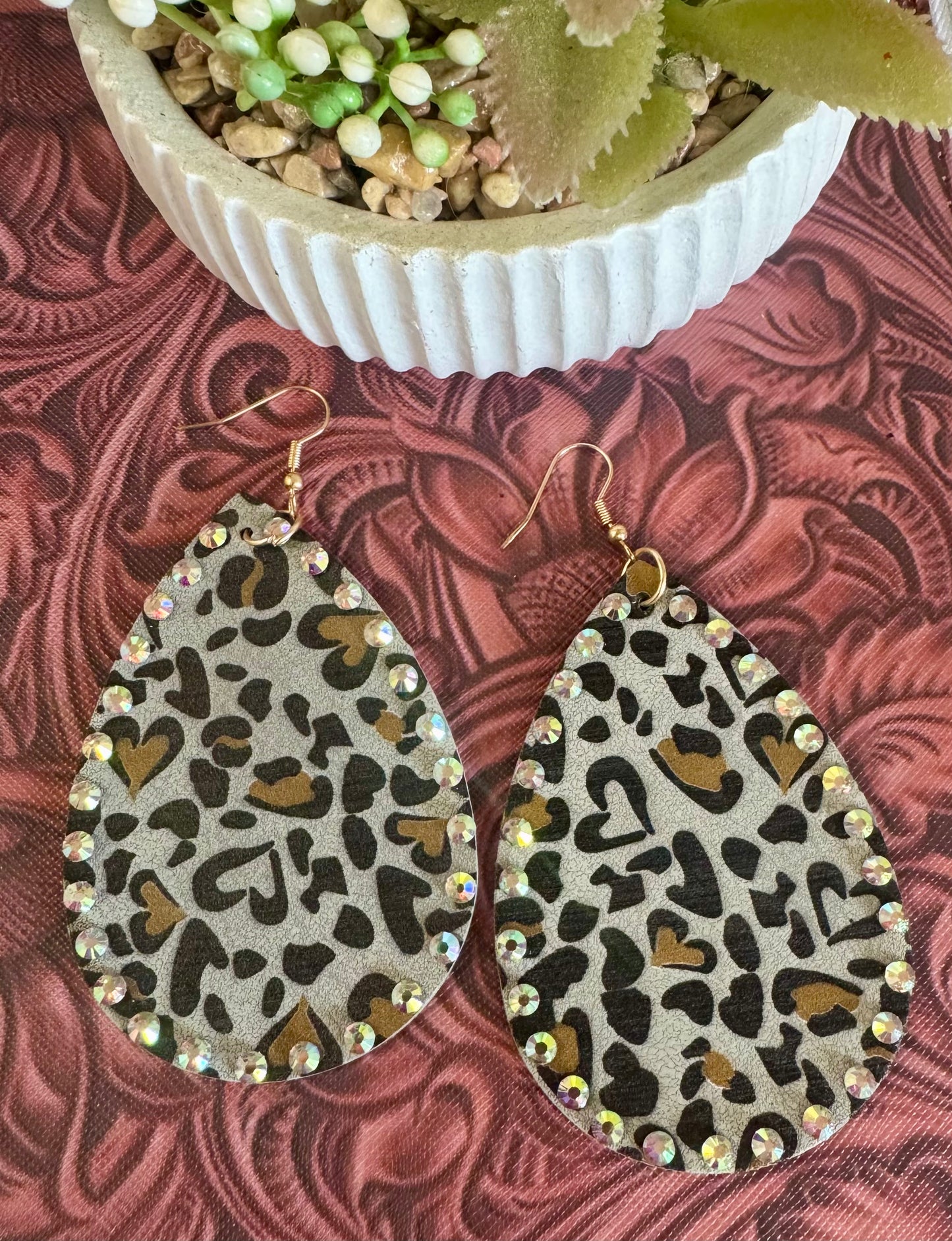 Gray Rhinestone Leopard Earrings