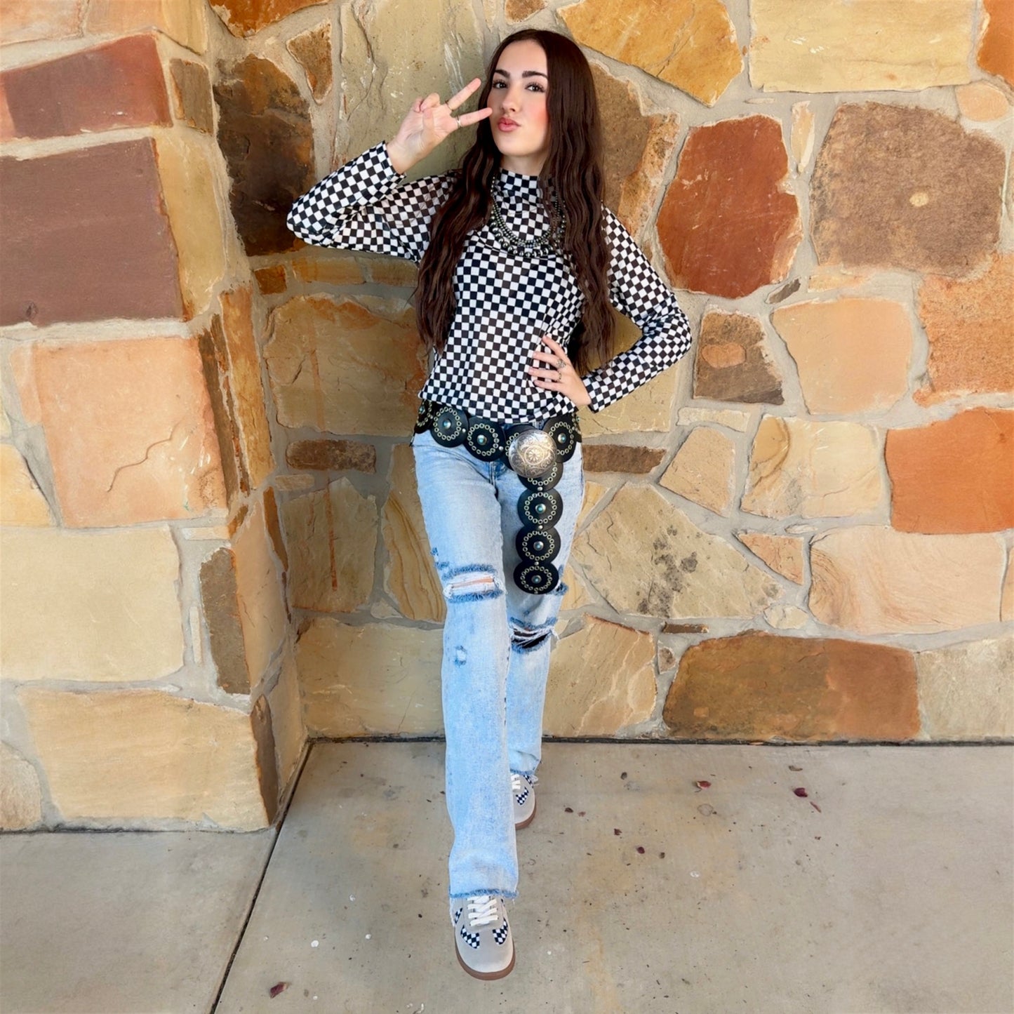 Checkered Mesh Long Sleeve Top