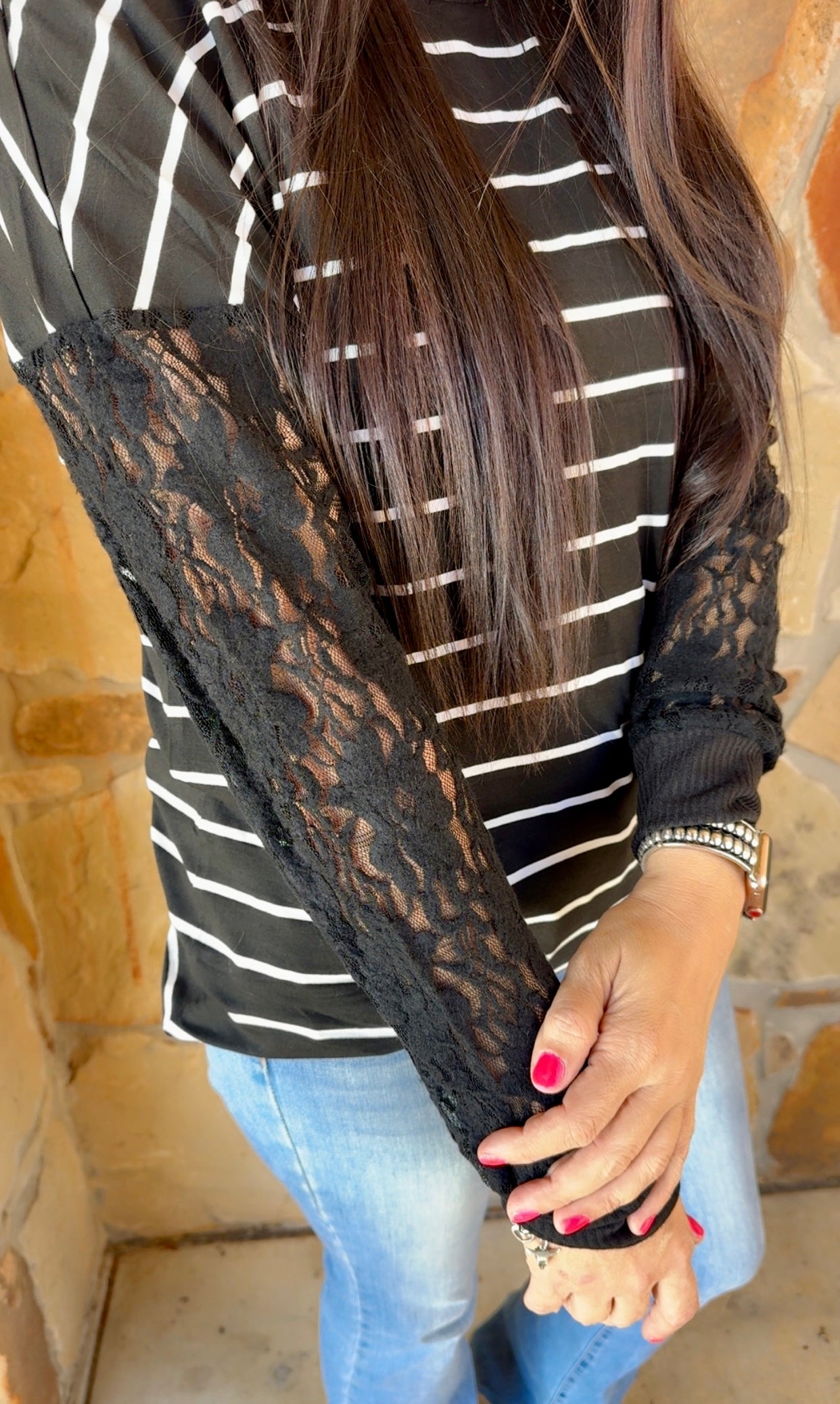 Black Stripe Lace Sleeve Top