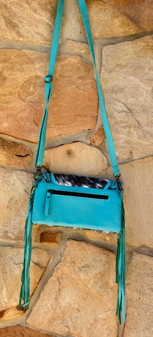 Turquoise Leather Cowhide Fringe Crossbody