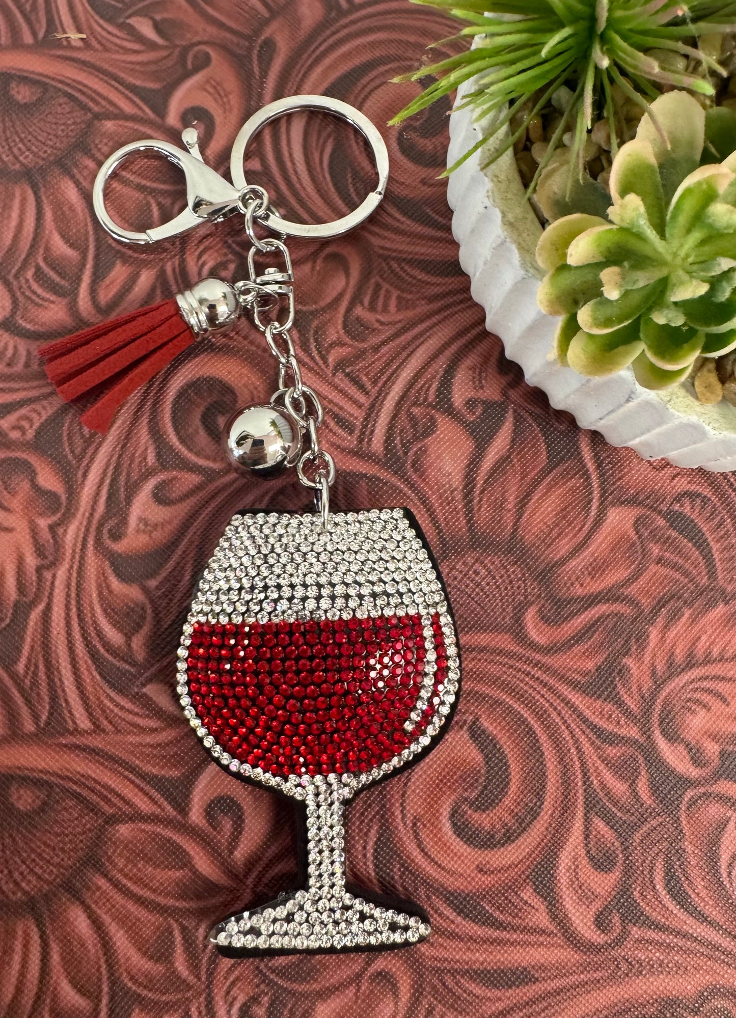 Rhinestone Wine Glass Keychain
