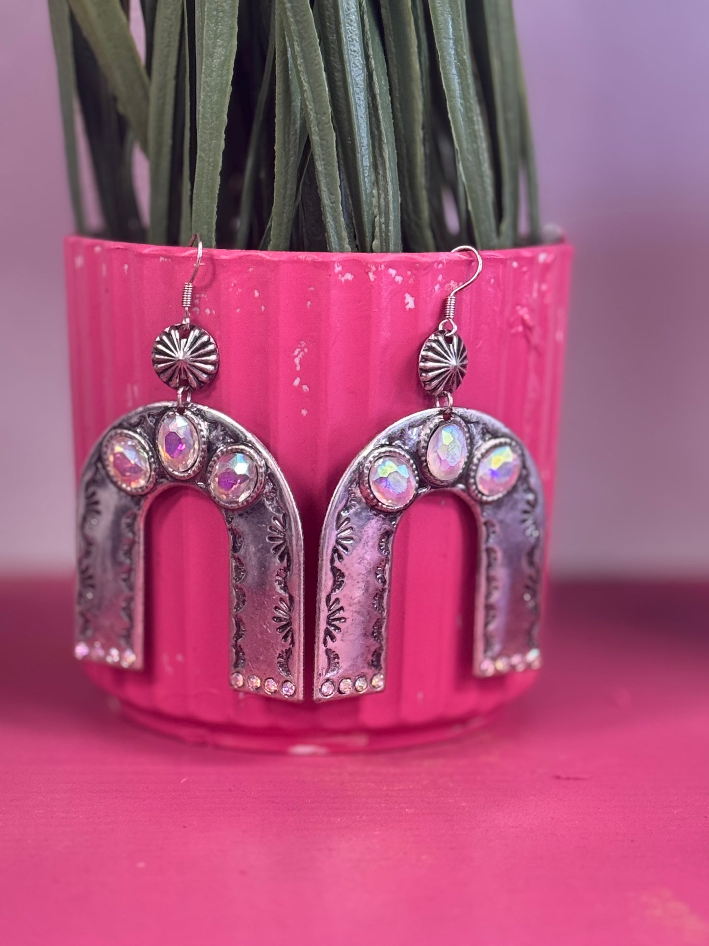 Silver Horseshoe Rhinestone Earrings