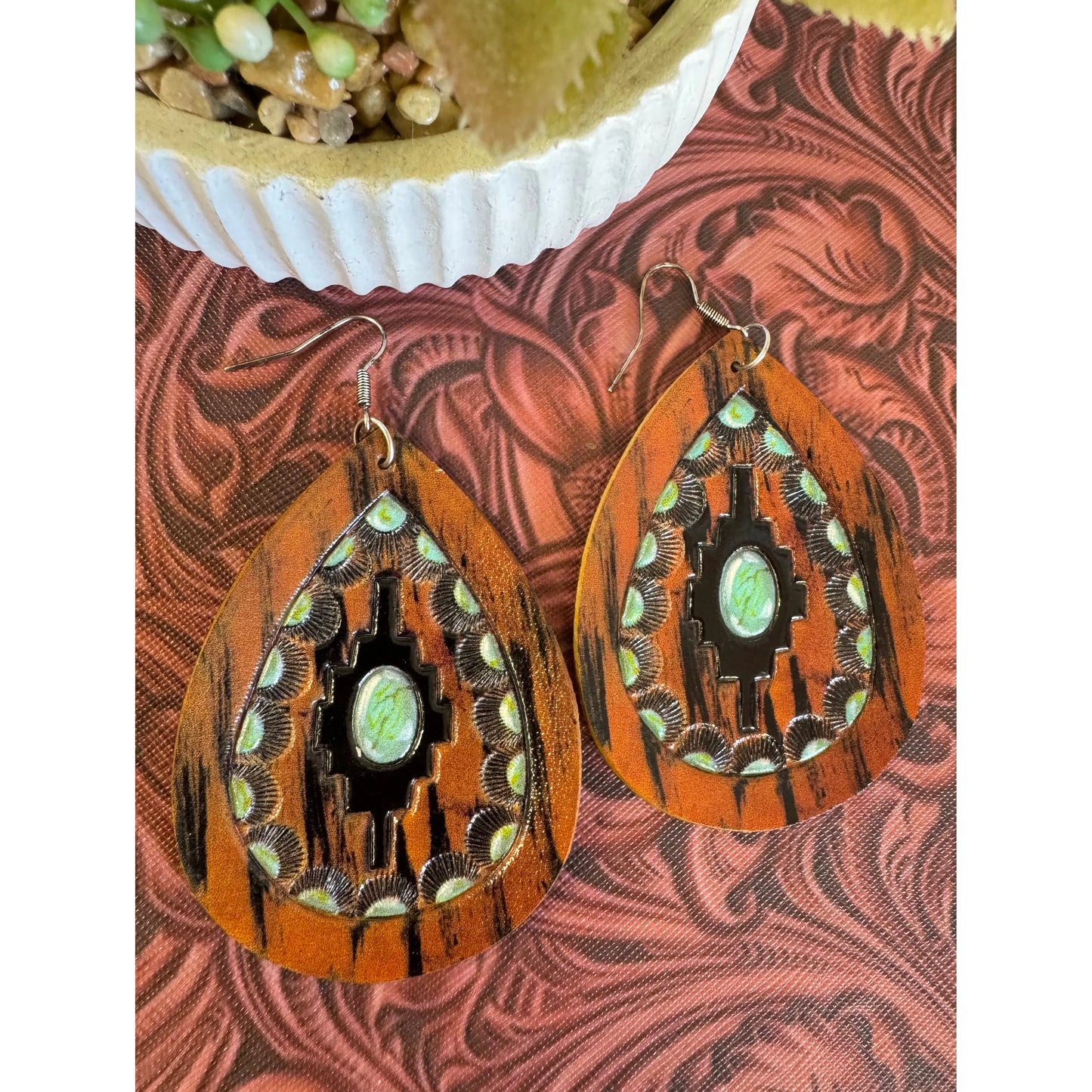 Brown Leather Painted Earrings