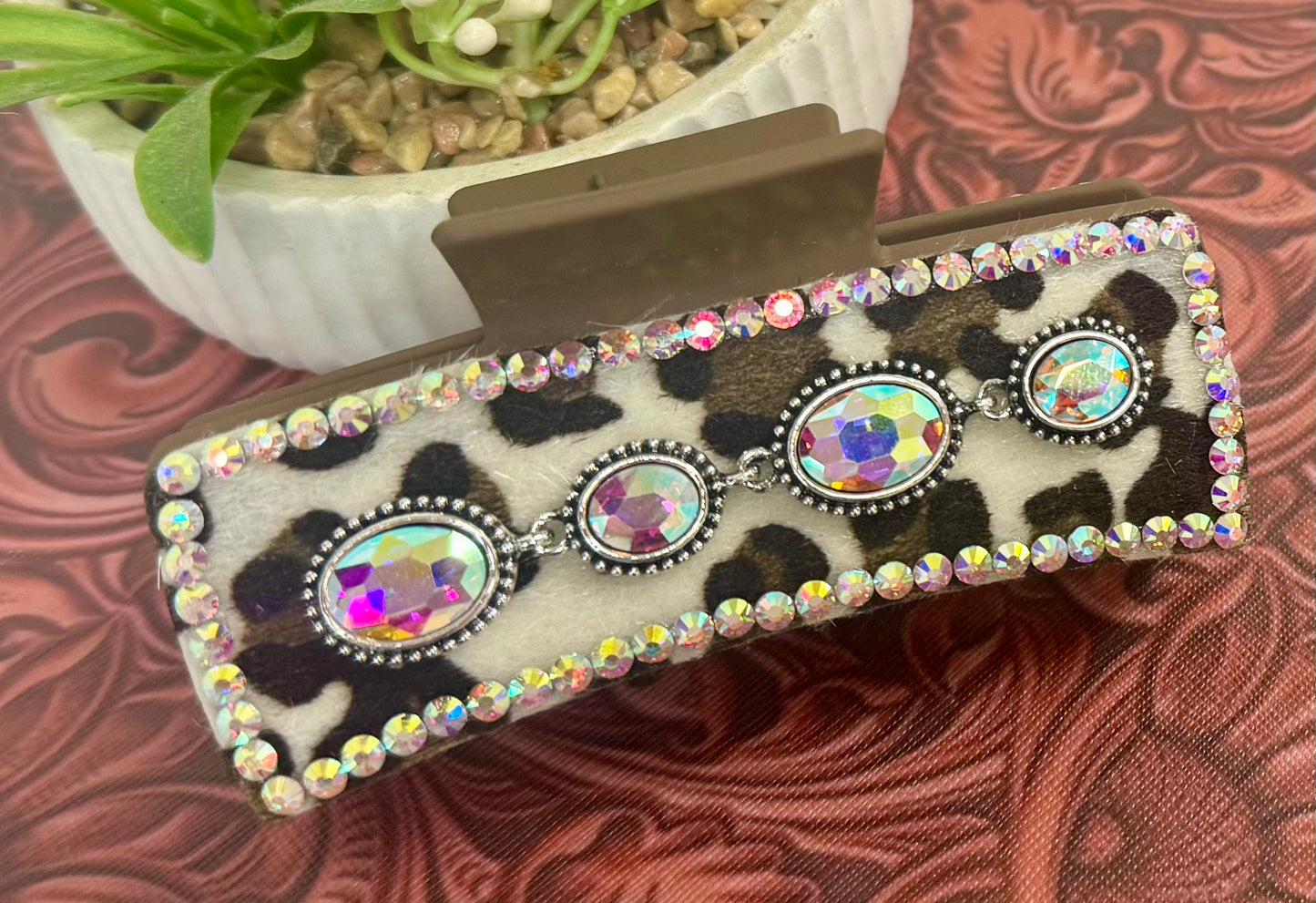 Brown Rhinestone Leopard Hair Clip