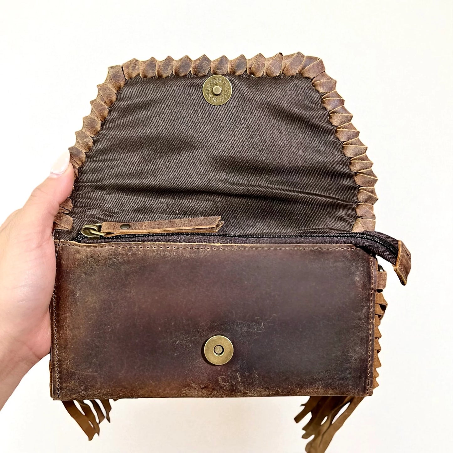 Brown Leather & Cowhide Fringe Wristlet