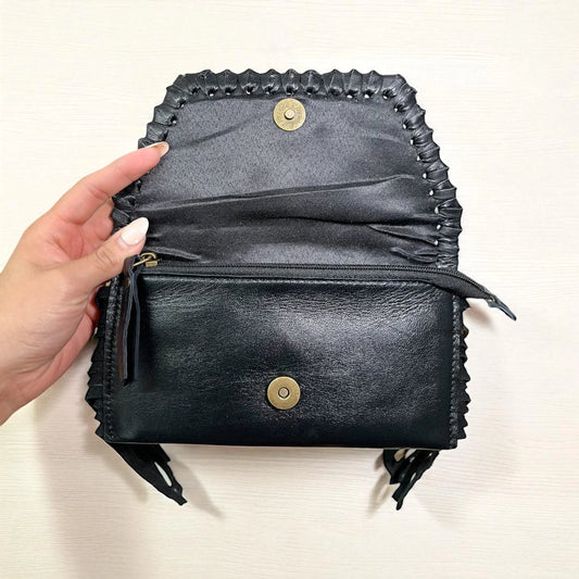Black Leather & Cowhide Fringe Wristlet