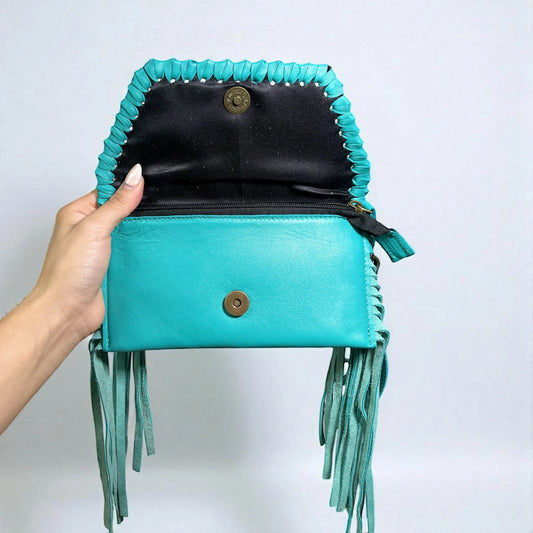 Turquoise Leather & Cowhide Fringe Wristlet