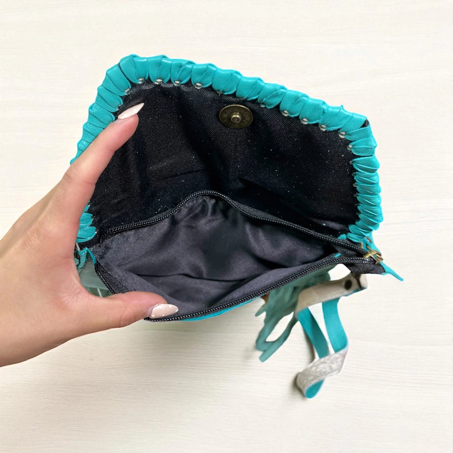 Turquoise Leather & Cowhide Fringe Wristlet