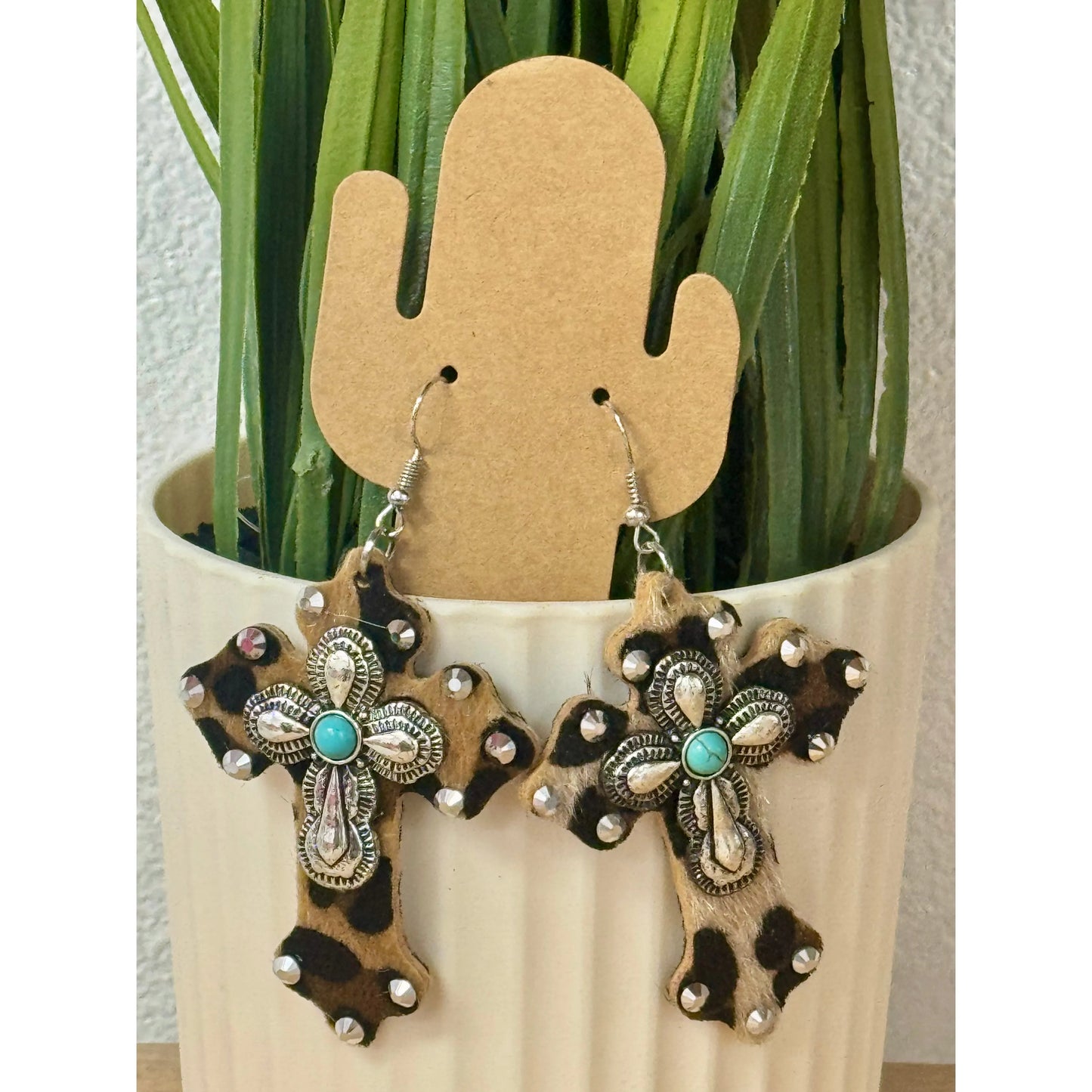 Leopard Turquoise Cross Earrings