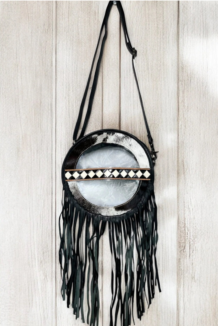 Checker Tooled & Cowhide Fringe Clear Bag