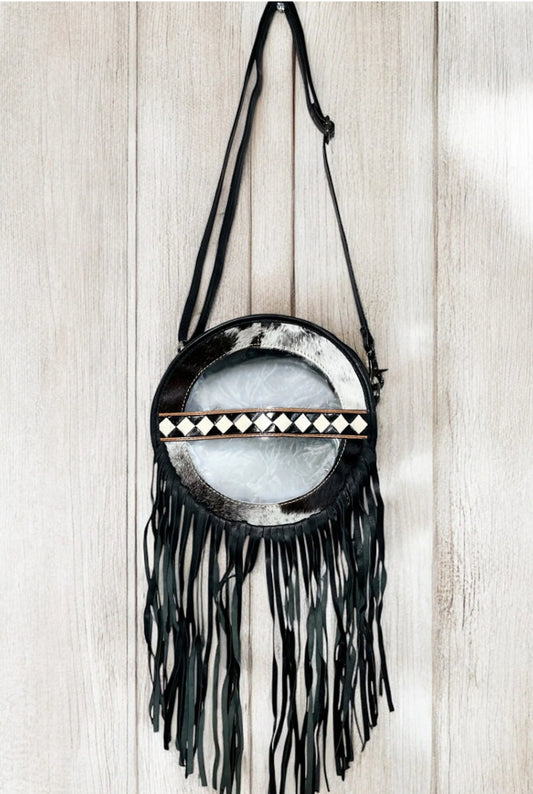 Checker Tooled & Cowhide Fringe Clear Bag