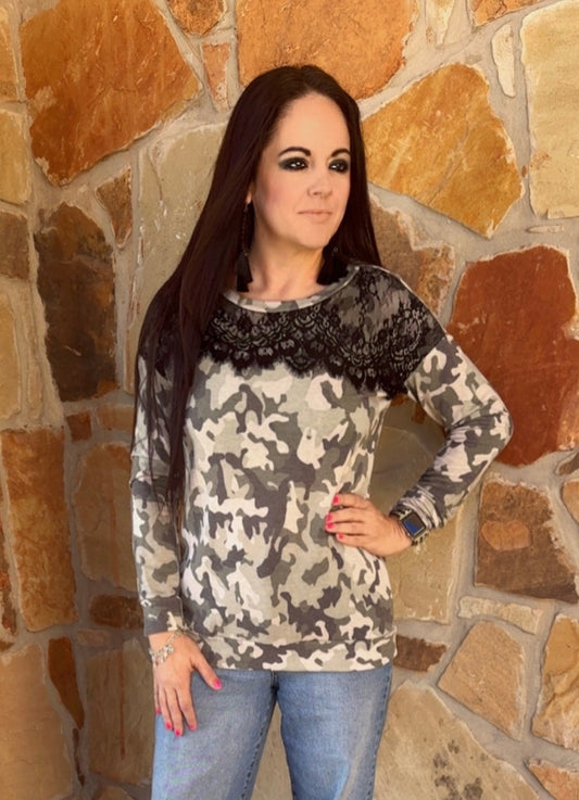 Camo Lace Long Sleeve Top