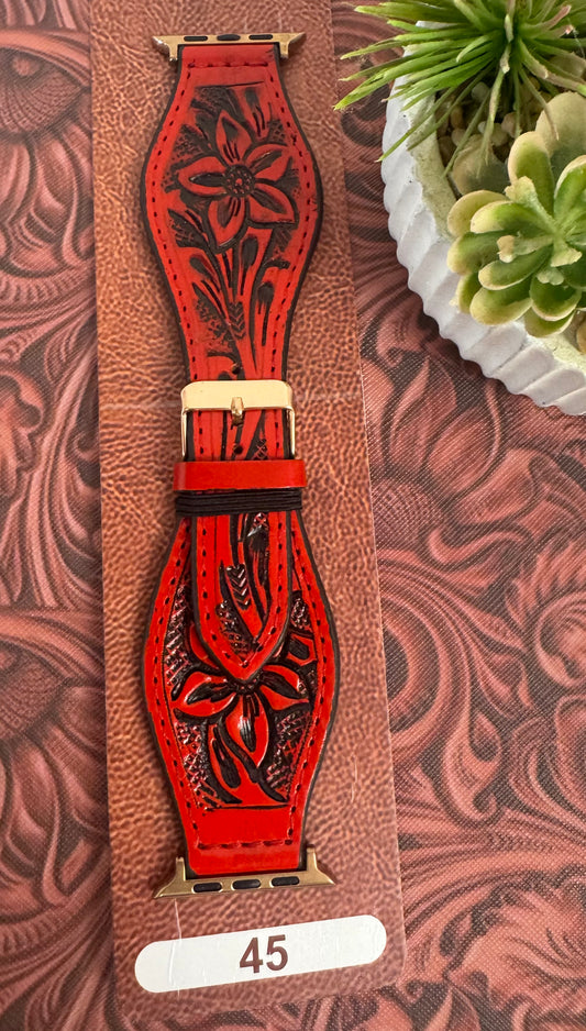 Red Leather Tooled Watchband 45mm