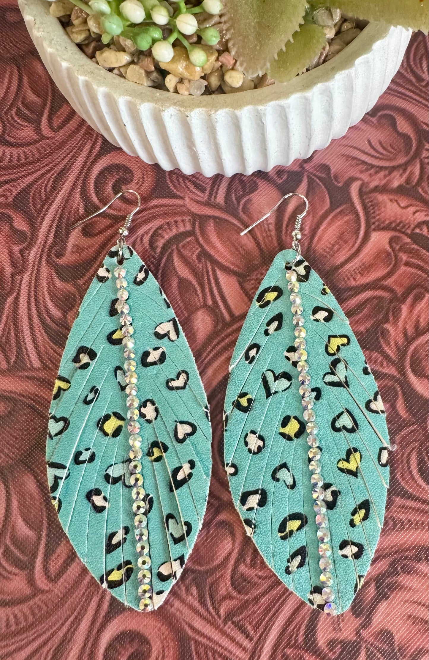 Turquoise Rhinestone Heart Feather Earrings