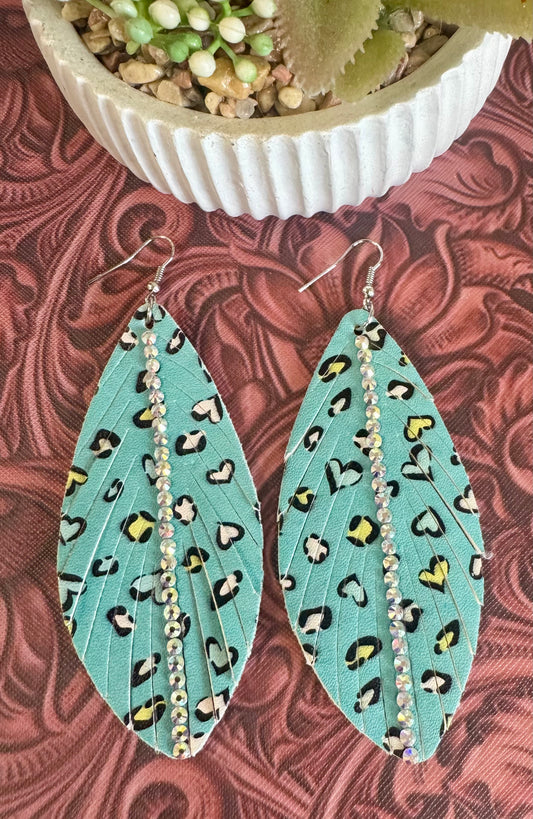 Turquoise Rhinestone Heart Feather Earrings