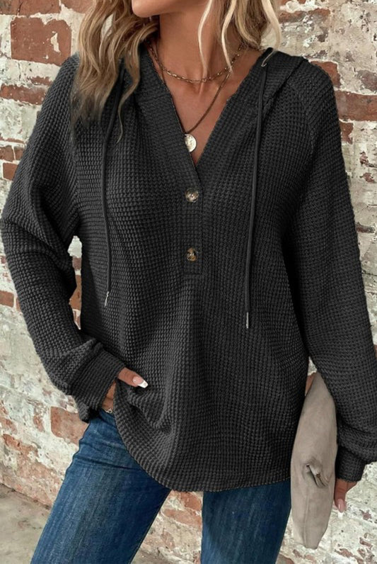 Black Waffle V Neck Hooded Top