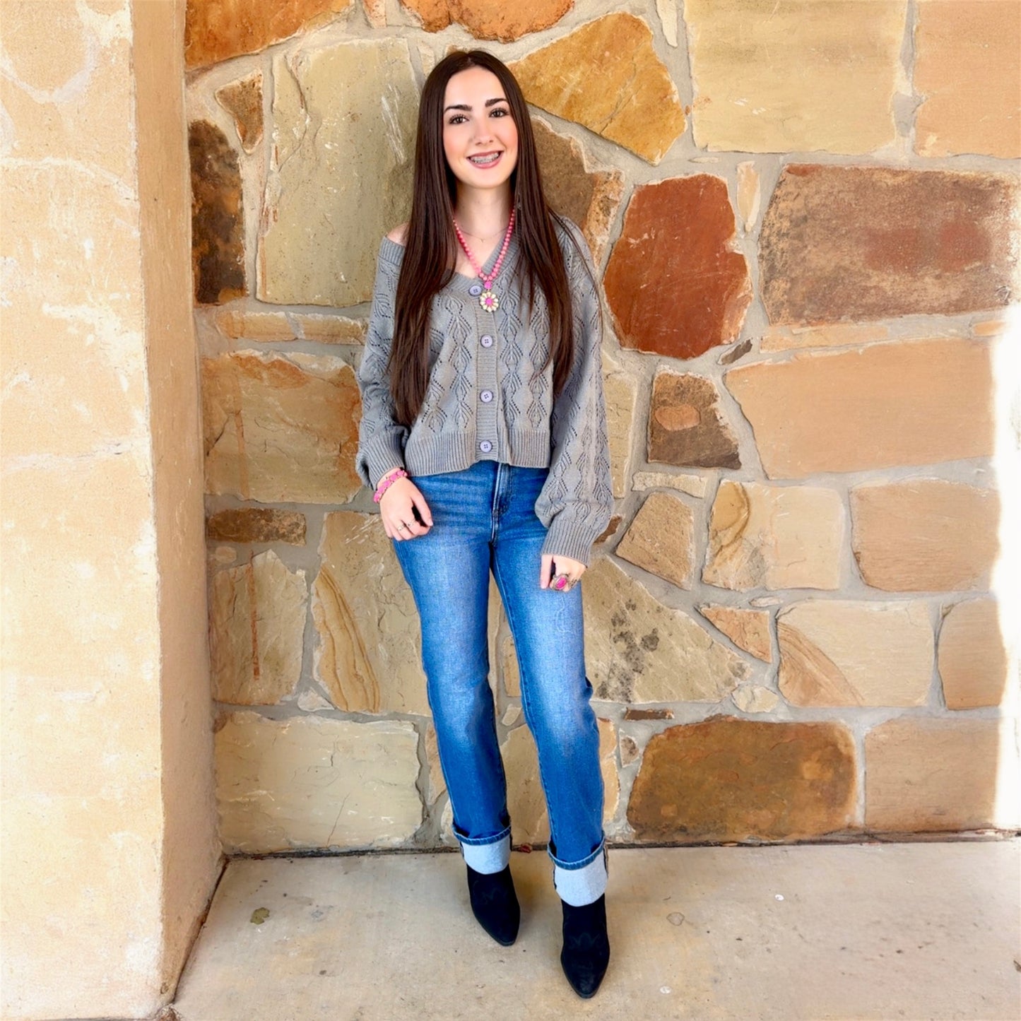 Grey V Neck Button Sweater