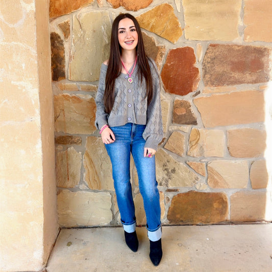 Grey V Neck Button Sweater