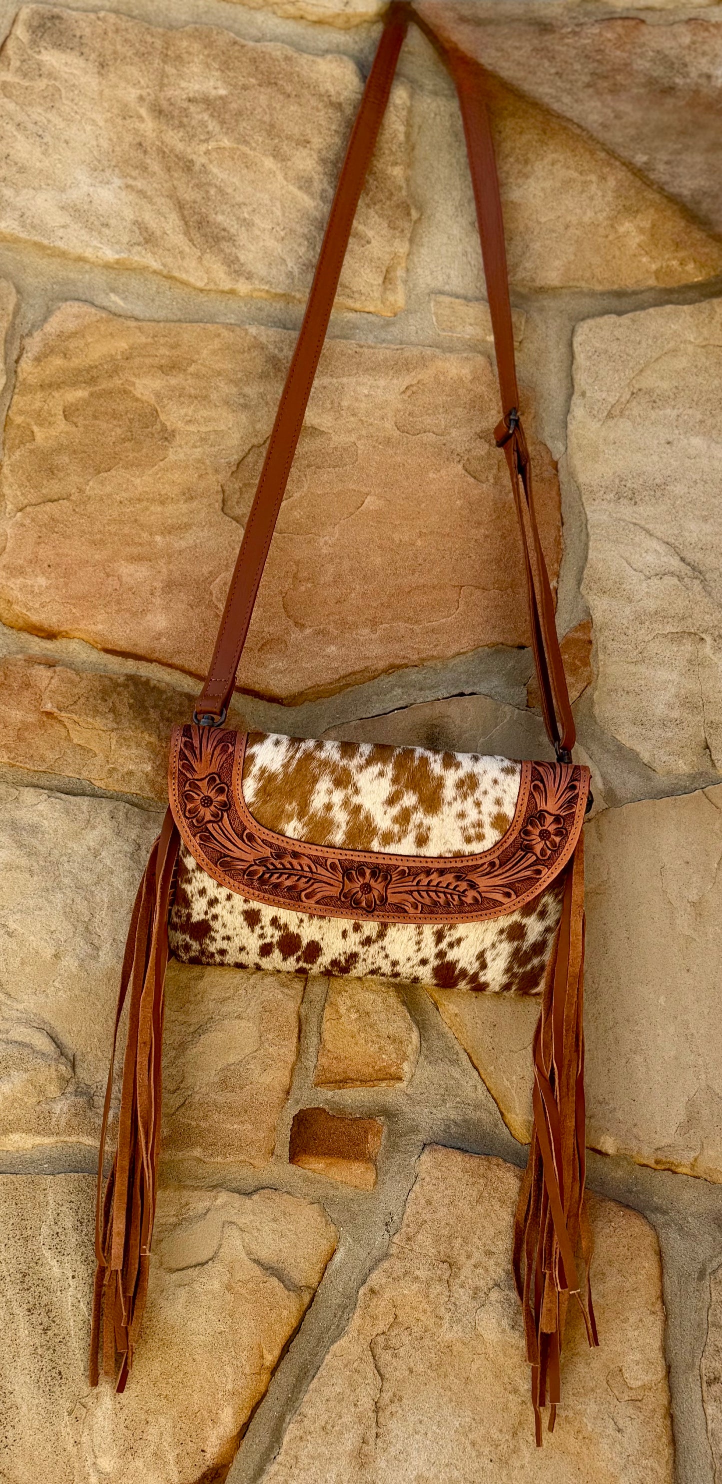 Brown Leather Cowhide Fringe Crossbody