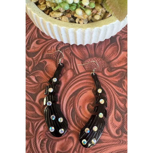 Black Feather Rhinestone Earrings