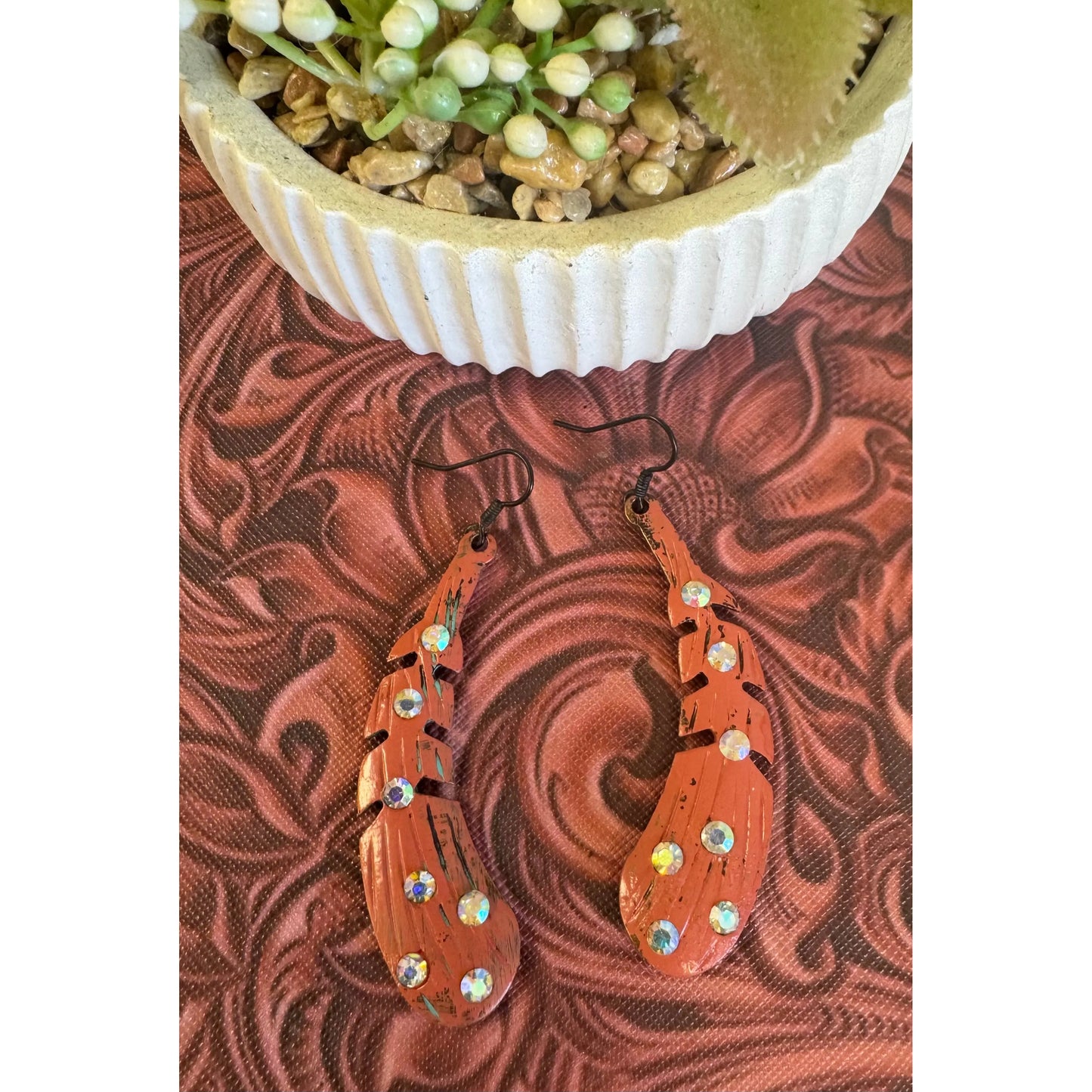 Red Feather Rhinestone Earrings