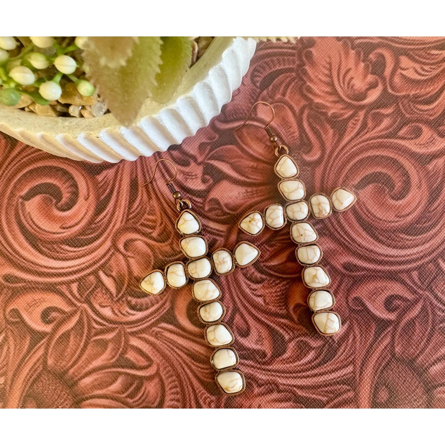 Ivory Stone Cross Earrings