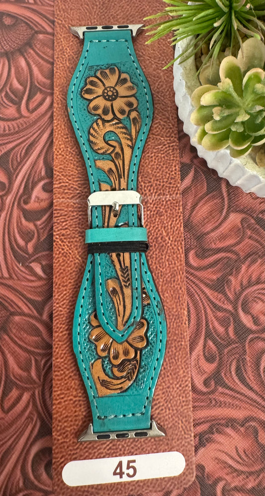Turquoise Tooled Leather Watchband 45mm