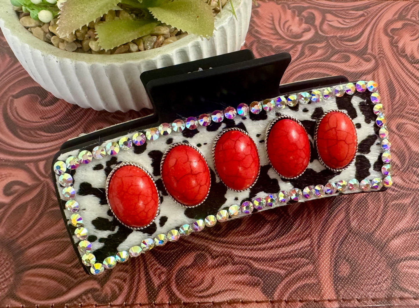 Red Cowhide Rhinestone Hair Clip