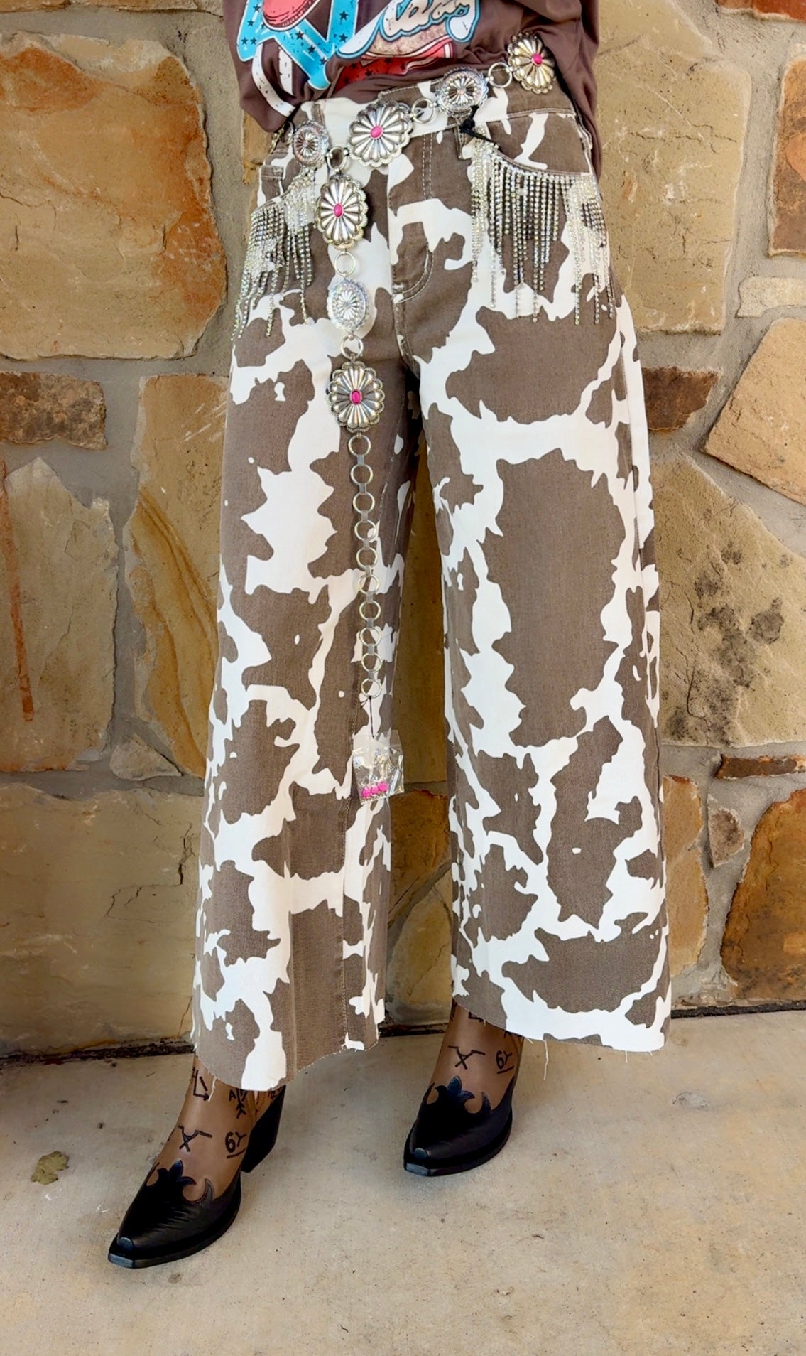 L&B Brown Cow Print Rhinestone Wide Leg Jean