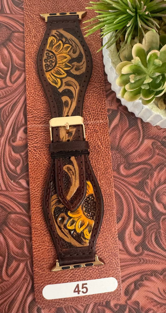 Sunflower Tooled Leather Watchband 45mm