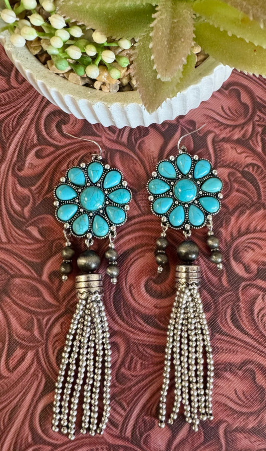 Turquoise Beaded Tassel Earrings