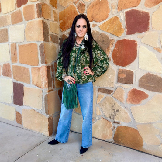 Olive Printed Sleeve Top