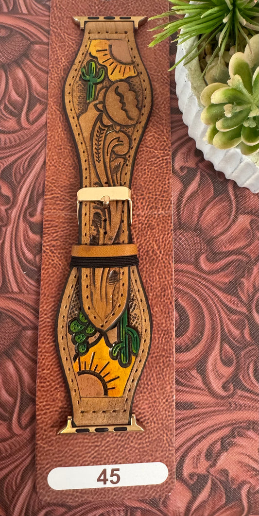 Cactus Tooled Leather Watchband 45mm
