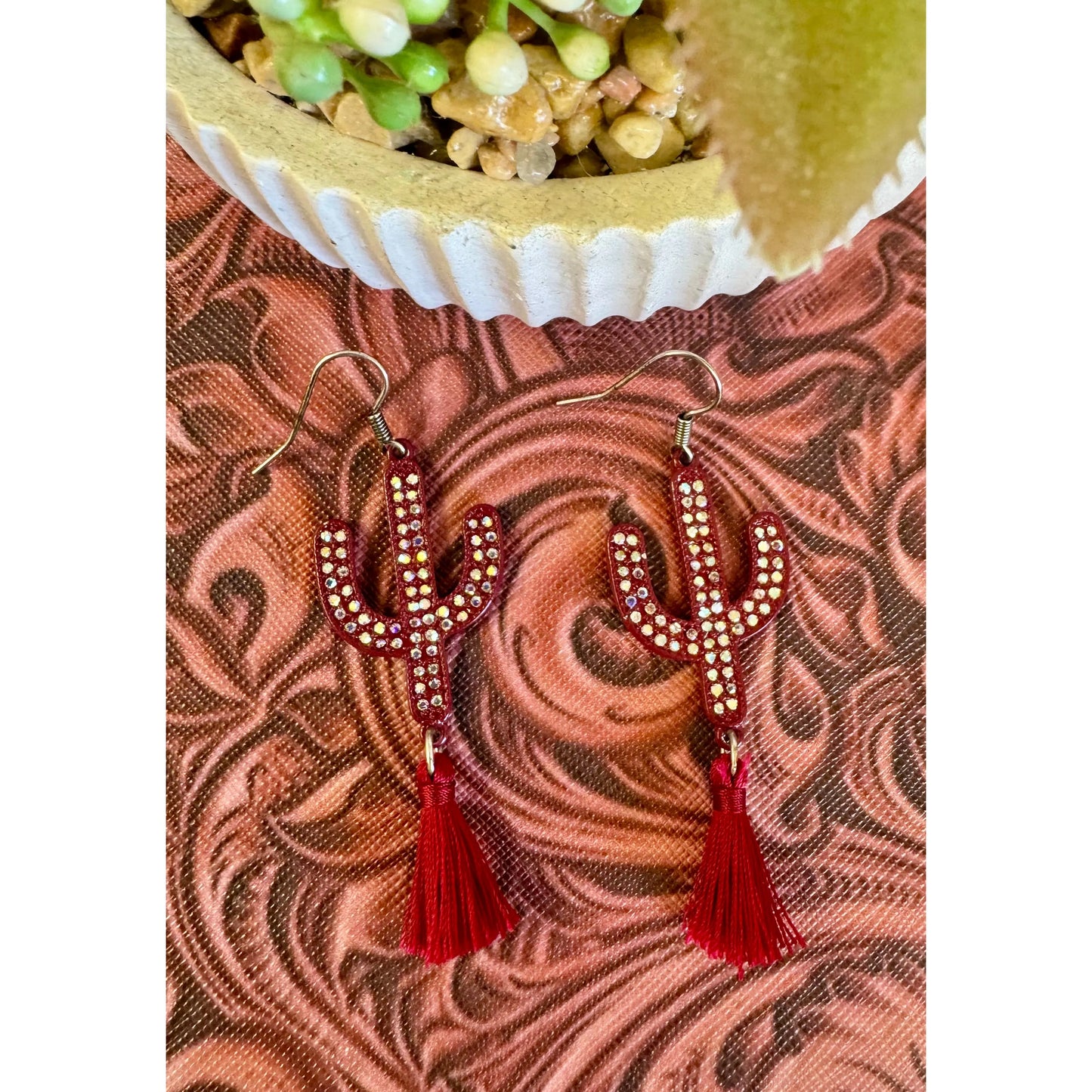 Burgundy Cactus Tassel Earrings