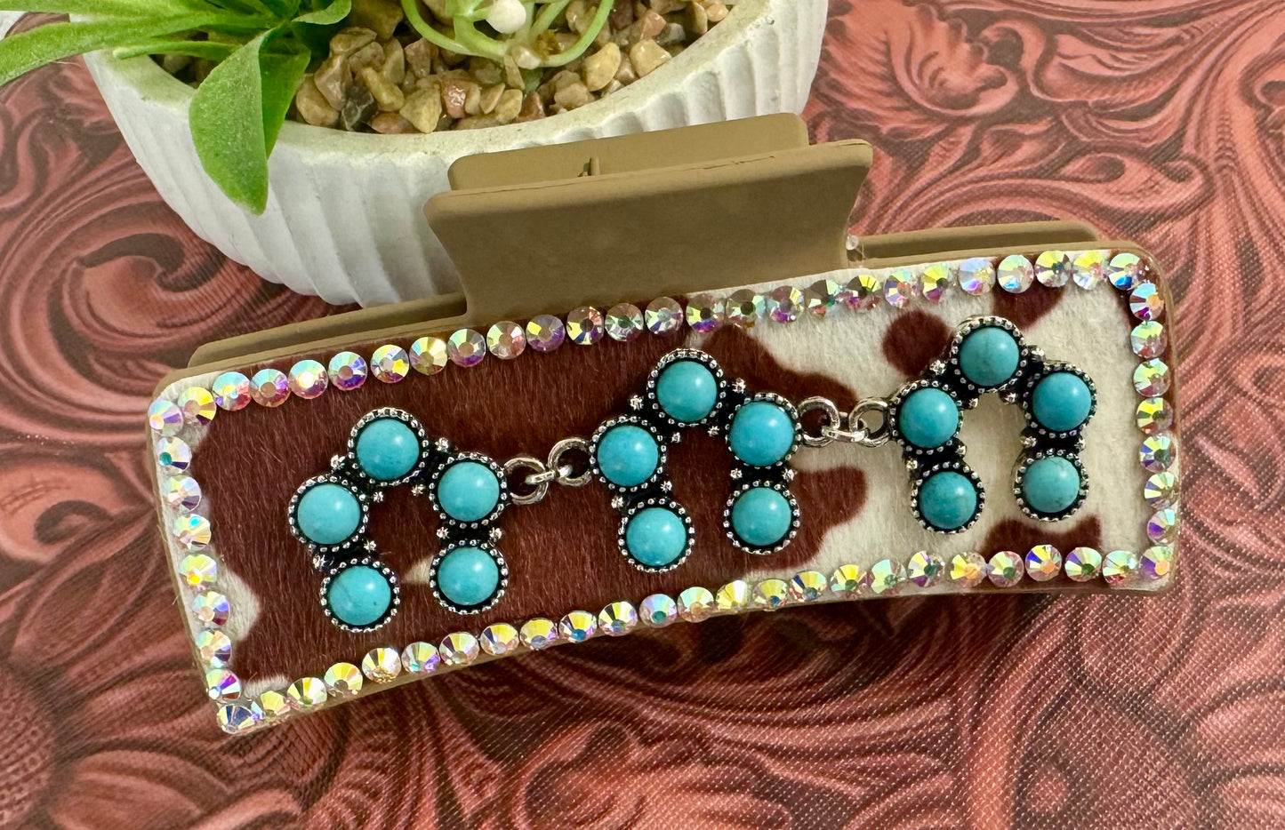 Turquoise Brown Cowhide Hair Clip