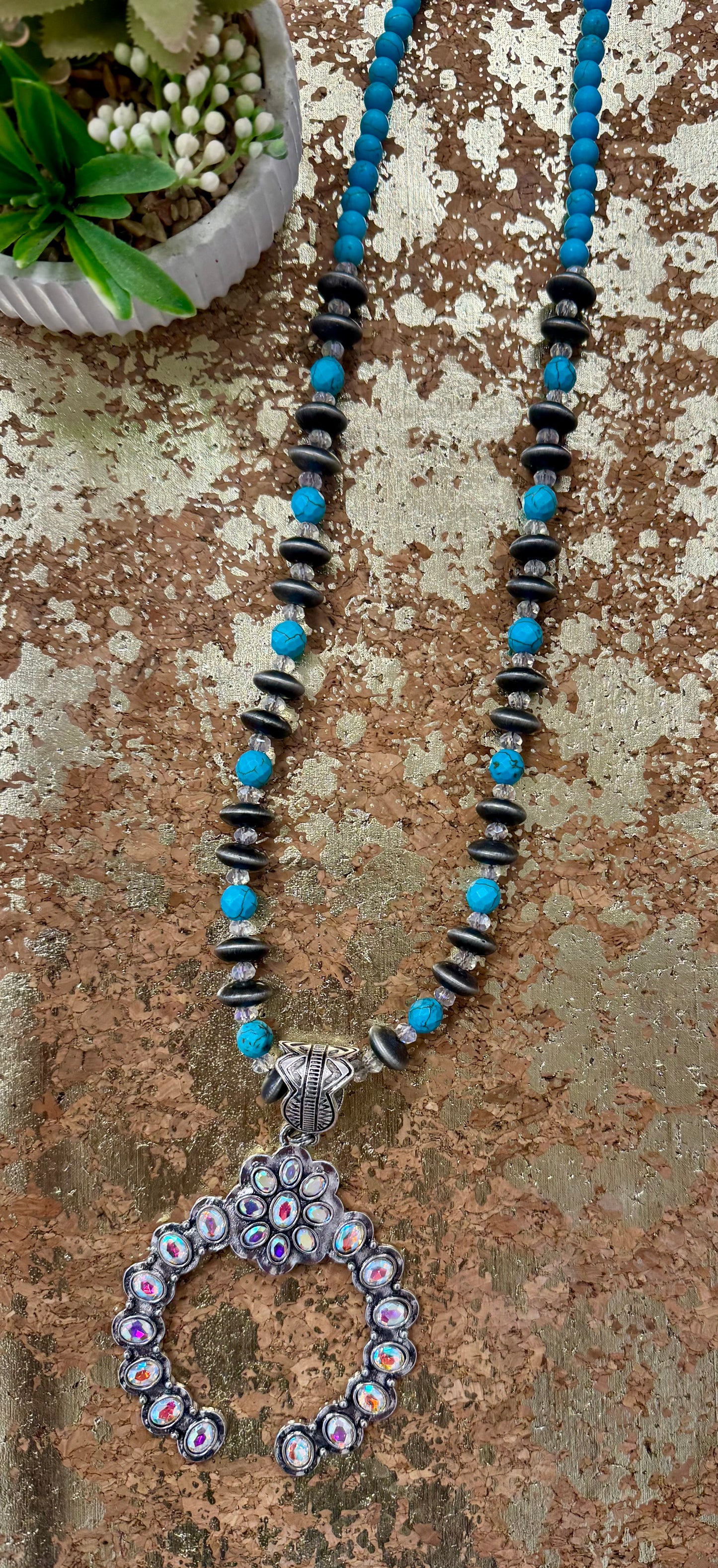 Turquoise Rhinestone Squash Blossom Necklace