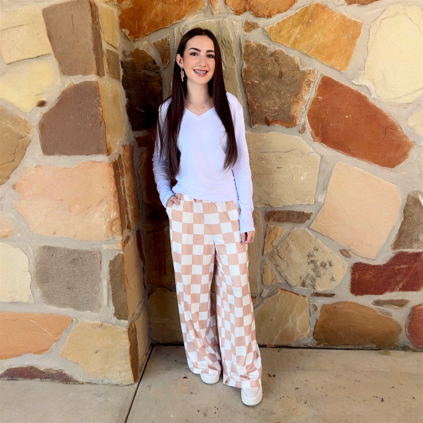 Checkered Wide Leg Pants with Pockets