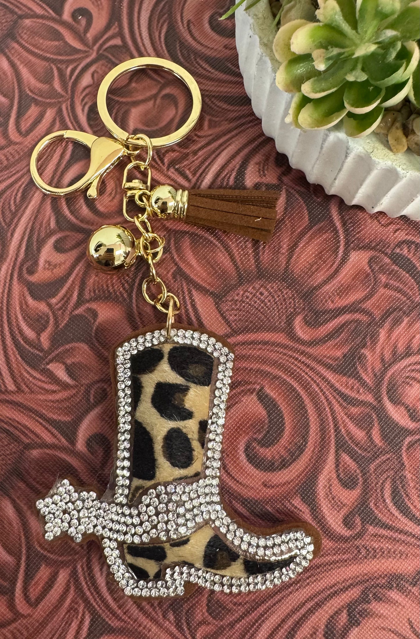 Rhinestone Leopard Boot Keychain